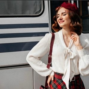 Seamstress of Bloomsbury Eva Pussy Bow Blouse Long Sleeve, Cream